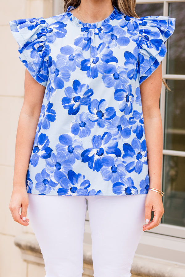 Chic Soul plus size clothing, short sleeve blue floral top with ruffle tier sleeves