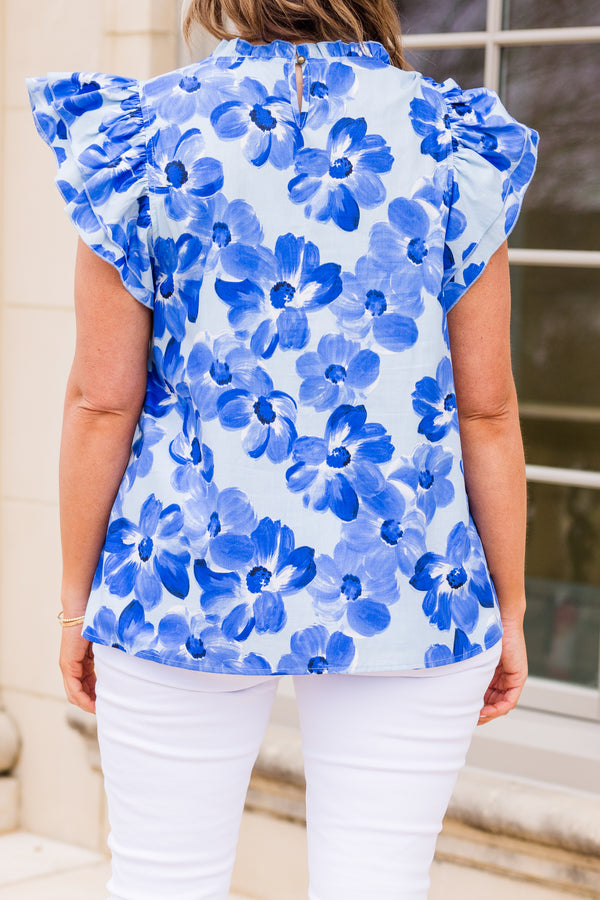 Chic Soul plus size clothing, short sleeve blue floral top with ruffle tier sleeves
