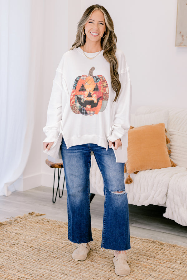 Chic Soul plus size clothing, Ivory oversized long sleeve crew neck sweater with patchwork carved pumpkin on the front