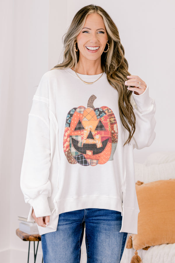 Chic Soul plus size clothing, Ivory oversized long sleeve crew neck sweater with patchwork carved pumpkin on the front