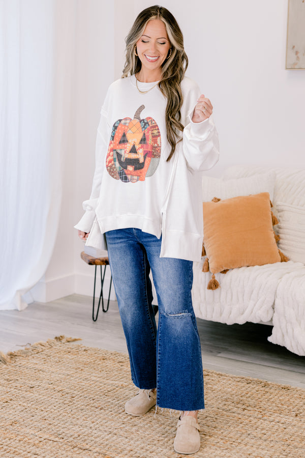Chic Soul plus size clothing, Ivory oversized long sleeve crew neck sweater with patchwork carved pumpkin on the front