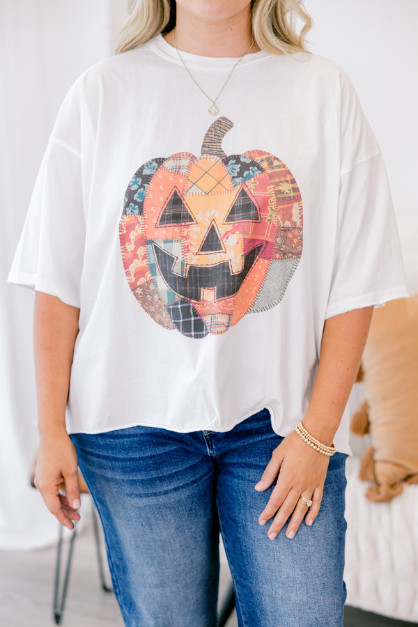 Chic Soul plus size clothing, white tee with a patchwork Jack-o-lantern graphic on the center of the tee