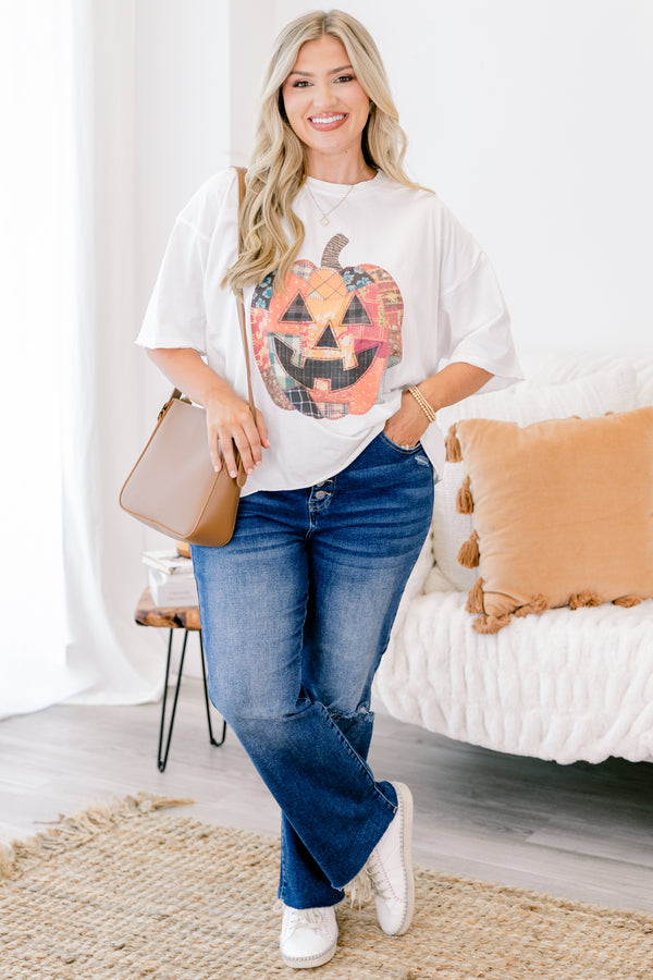 Chic Soul plus size clothing, white tee with a patchwork Jack-o-lantern graphic on the center of the tee