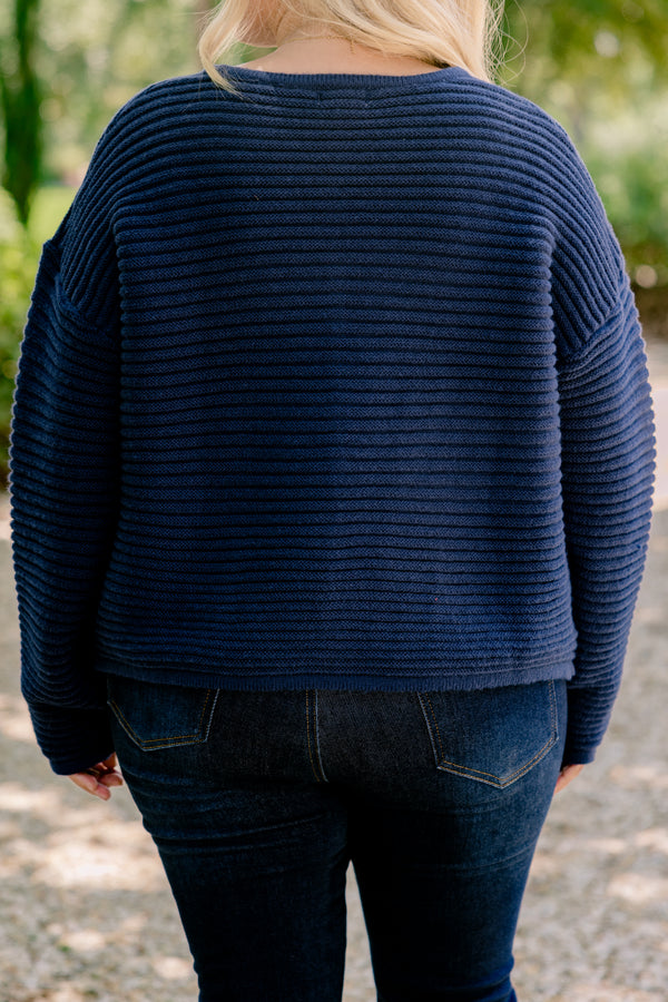 Chic Soul plus size clothing, navy blue long sleeve button up cardigan with 2 front pockets