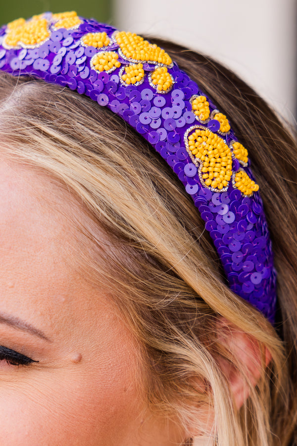 Chic Soul plus size clothing, thick purple sequined headband with yellow beaded paw print pattern