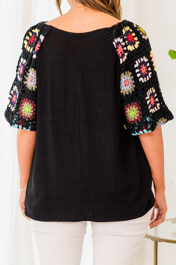Chic Soul plus size clothing, black elbow length sleeve top with multi crochet sleeve detail
