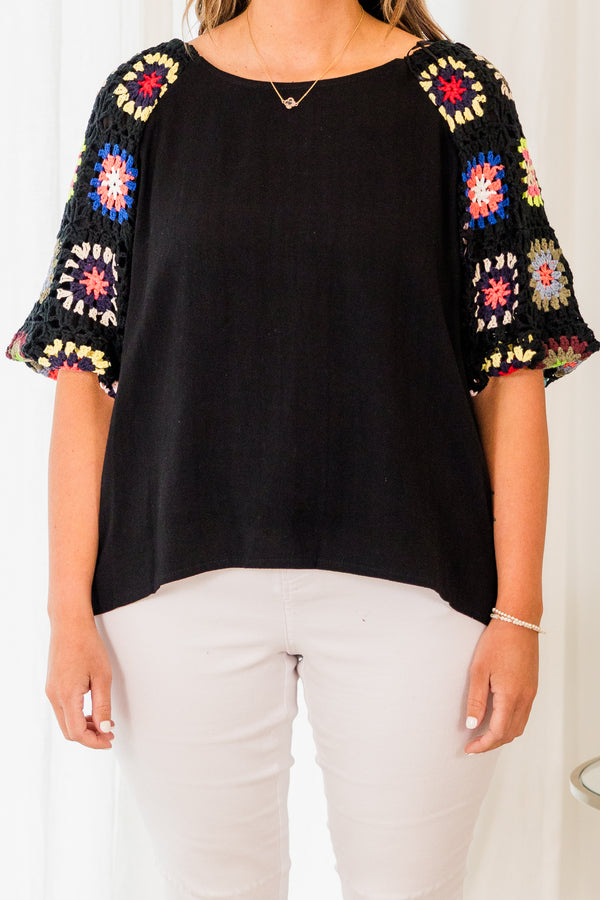 Chic Soul plus size clothing, black elbow length sleeve top with multi crochet sleeve detail