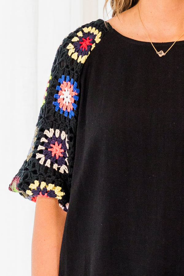 Chic Soul plus size clothing, black elbow length sleeve top with multi crochet sleeve detail
