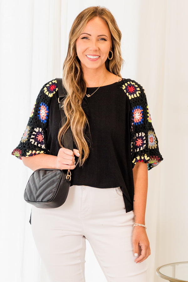 Chic Soul plus size clothing, black elbow length sleeve top with multi crochet sleeve detail