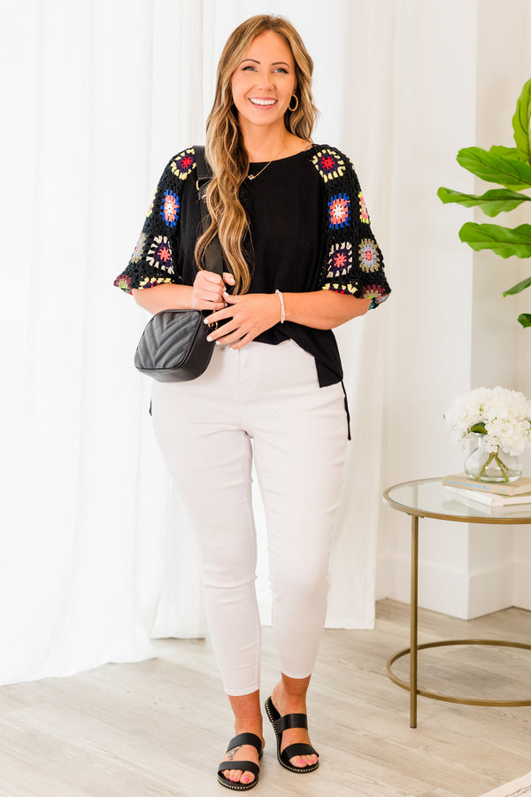 Chic Soul plus size clothing, black elbow length sleeve top with multi crochet sleeve detail
