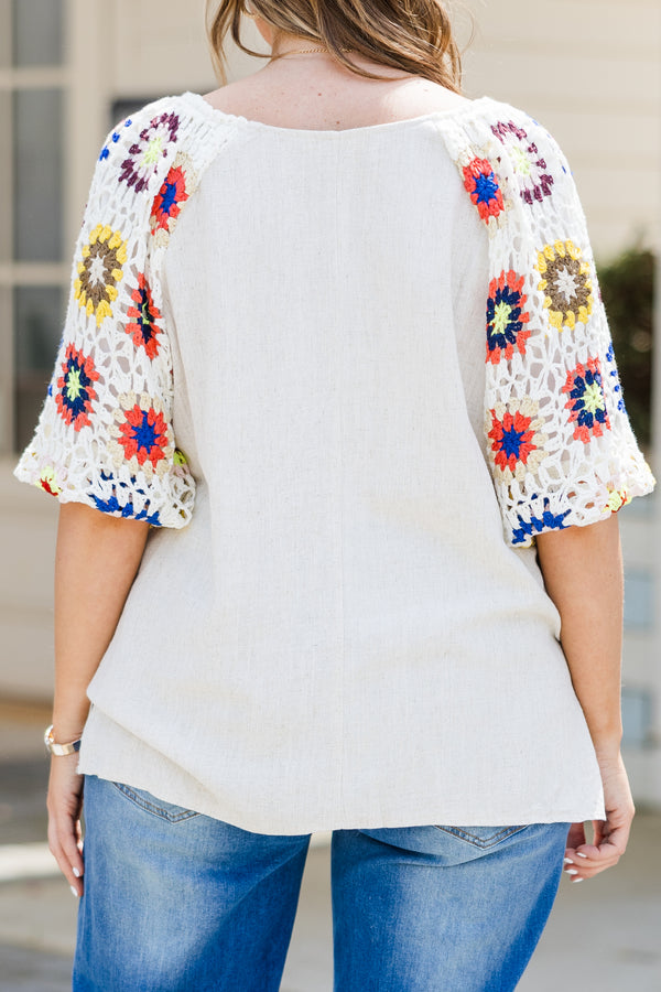 Chic Soul plus size clothing, oatmeal colored top with white multi-colored granny square short sleeves