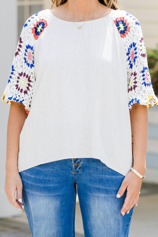 Chic Soul plus size clothing, oatmeal colored top with white multi-colored granny square short sleeves