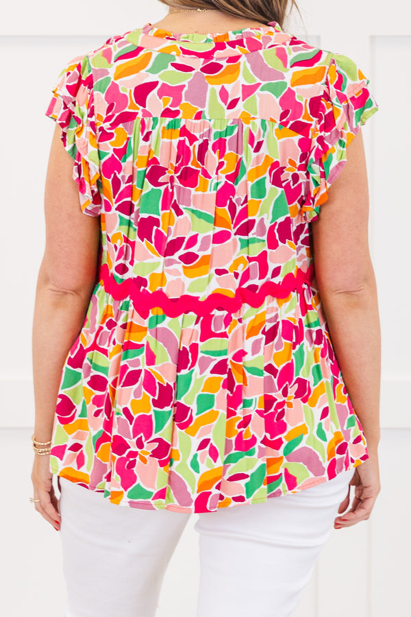Chic Soul plus size clothing, short-flutter-sleeve rose pink top with an abstract floral print and a rose pink ric rac detailing with a split-v-neckline 