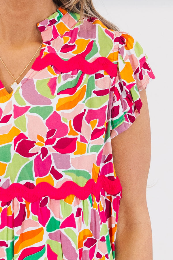 Chic Soul plus size clothing, short-flutter-sleeve rose pink top with an abstract floral print and a rose pink ric rac detailing with a split-v-neckline 