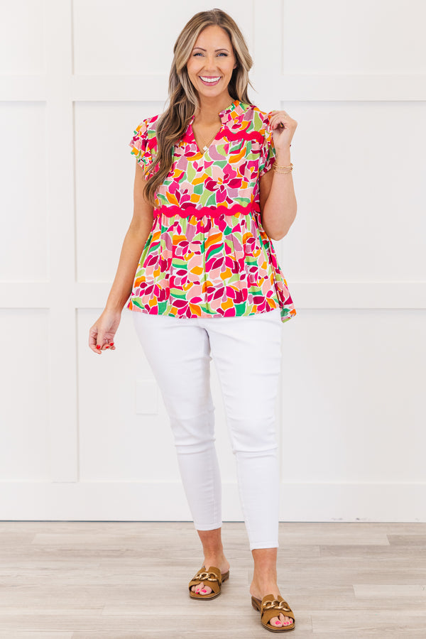 Chic Soul plus size clothing, short-flutter-sleeve rose pink top with an abstract floral print and a rose pink ric rac detailing with a split-v-neckline 