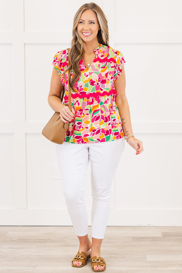 Chic Soul plus size clothing, short-flutter-sleeve rose pink top with an abstract floral print and a rose pink ric rac detailing with a split-v-neckline 