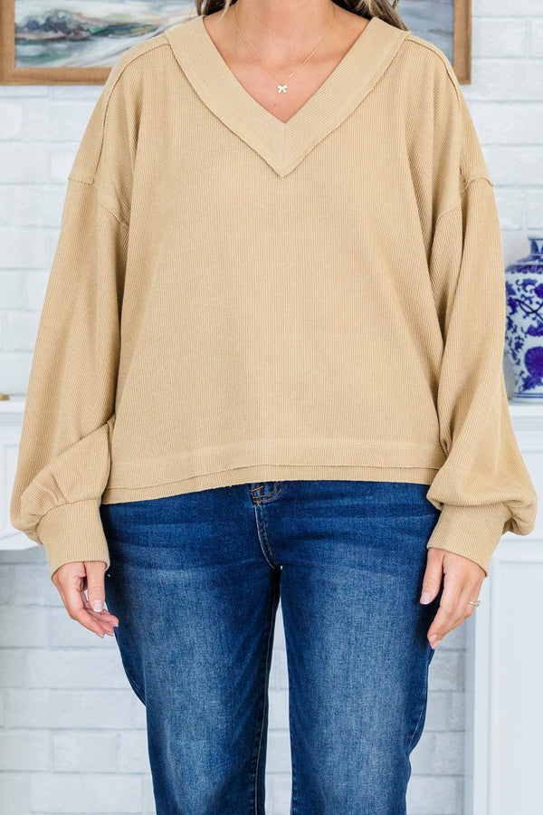 Chic Soul plus size clothing, mocha brown sweater with a v neck and bubble sleeves