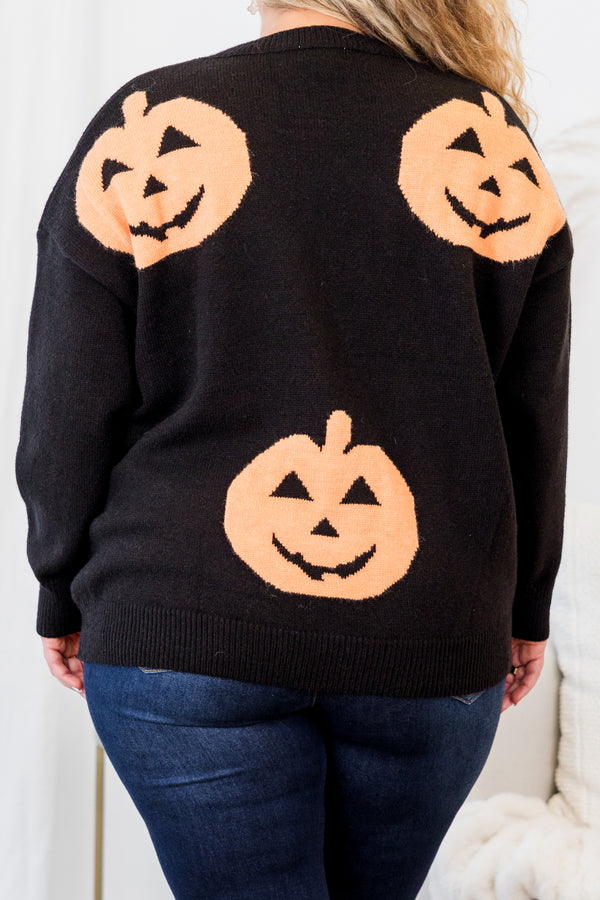 Chic Soul plus size clothing, long-sleeve black sweater with scoop-neckline and orange jack-o-lantern pattern 