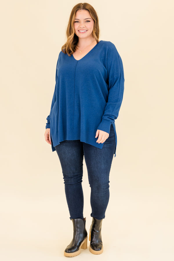 Chic Soul plus size clothing, heather light navy long sleeve knit sweater with v neckline and ribbed cuff sleeves with outer stitching along center