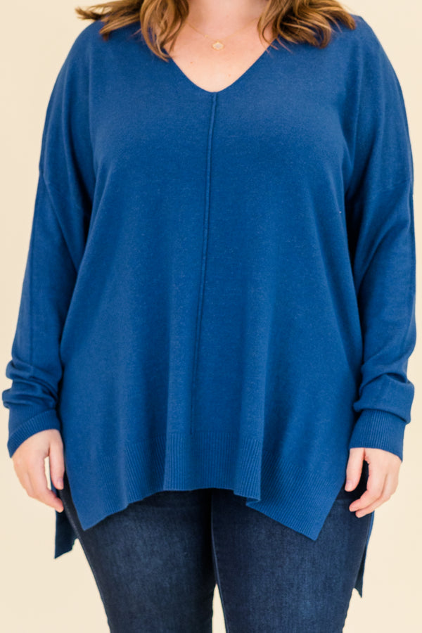 Chic Soul plus size clothing, heather light navy long sleeve knit sweater with v neckline and ribbed cuff sleeves with outer stitching along center