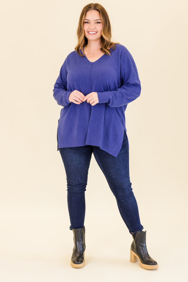 Chic Soul plus size clothing, heather marlin blue long sleeve knit sweater with cuff sleeves and slits on each side with v neckline and outer stitch detail along center