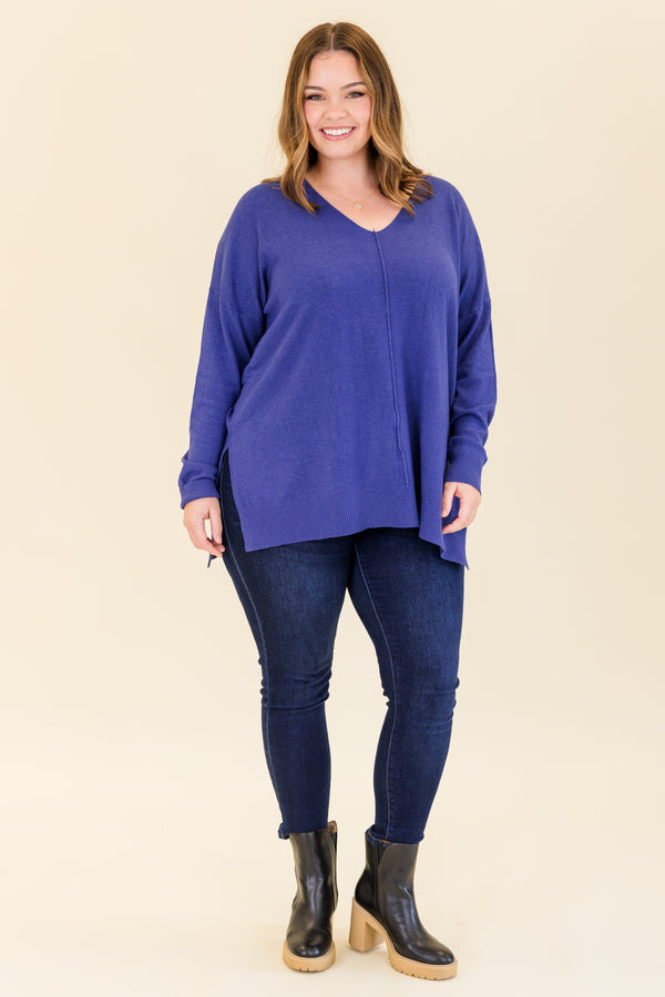 Chic Soul plus size clothing, heather marlin blue long sleeve knit sweater with cuff sleeves and slits on each side with v neckline and outer stitch detail along center
