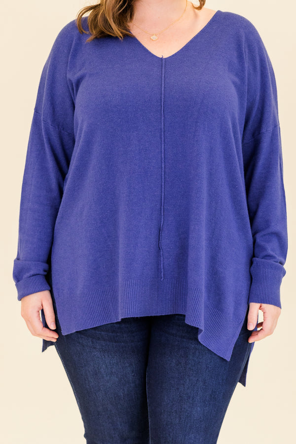 Chic Soul plus size clothing, heather marlin blue long sleeve knit sweater with cuff sleeves and slits on each side with v neckline and outer stitch detail along center