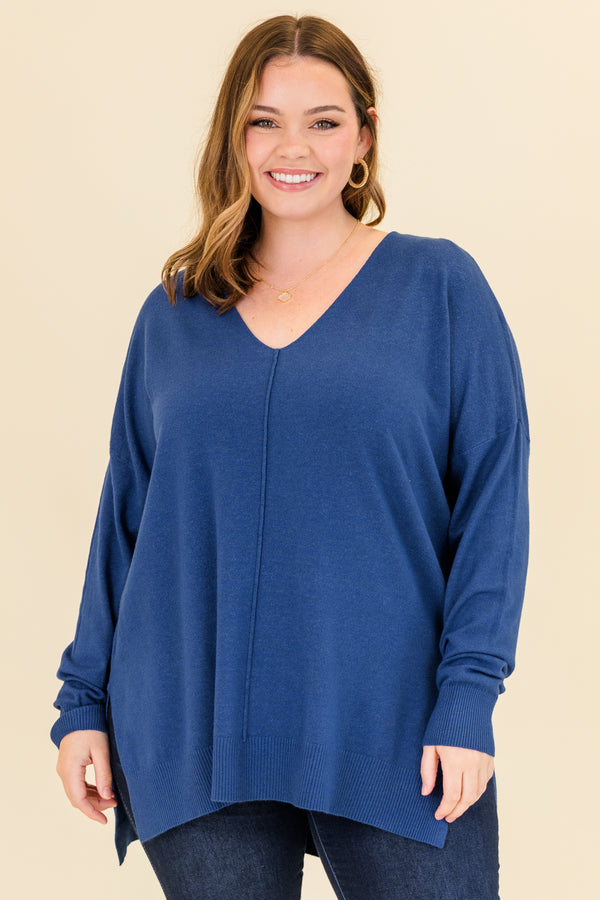 Chic Soul plus size clothing, heather marlin blue long sleeve knit sweater with cuff sleeves and slits on each side with v neckline and outer stitch detail along center