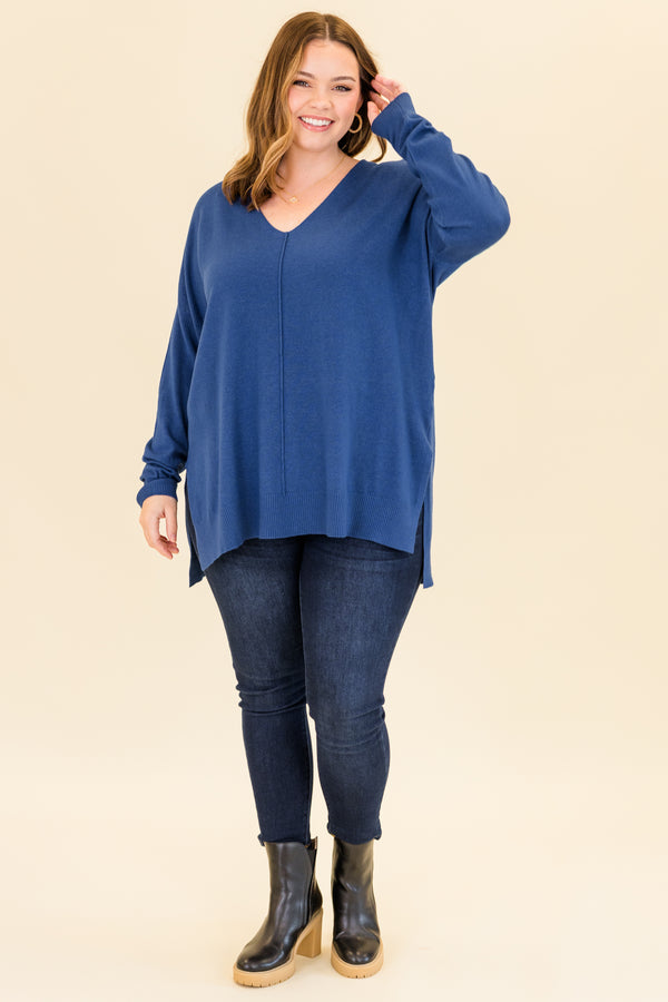 Chic Soul plus size clothing, heather marlin blue long sleeve knit sweater with cuff sleeves and slits on each side with v neckline and outer stitch detail along center