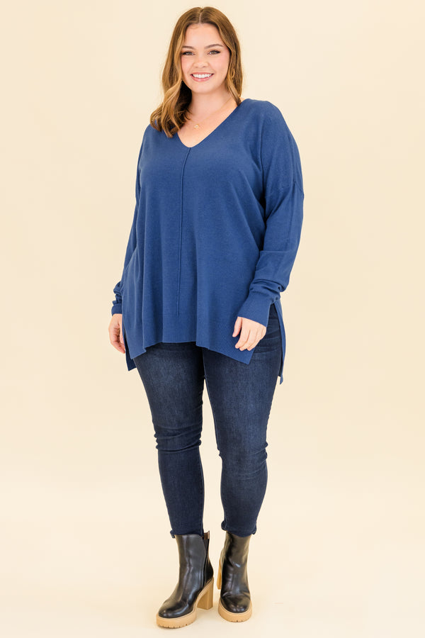 Chic Soul plus size clothing, heather marlin blue long sleeve knit sweater with cuff sleeves and slits on each side with v neckline and outer stitch detail along center