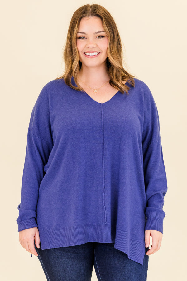 Chic Soul plus size clothing, heather marlin blue long sleeve knit sweater with cuff sleeves and slits on each side with v neckline and outer stitch detail along center