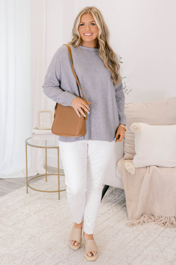 Chic Soul plus size clothing, heather gray long sleeve flowy boat neck top