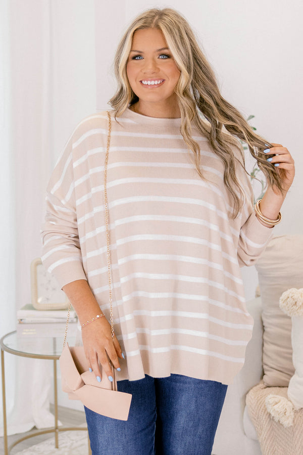 Chic Soul plus size clothing, sand and white striped high neck long sleeve sweater 