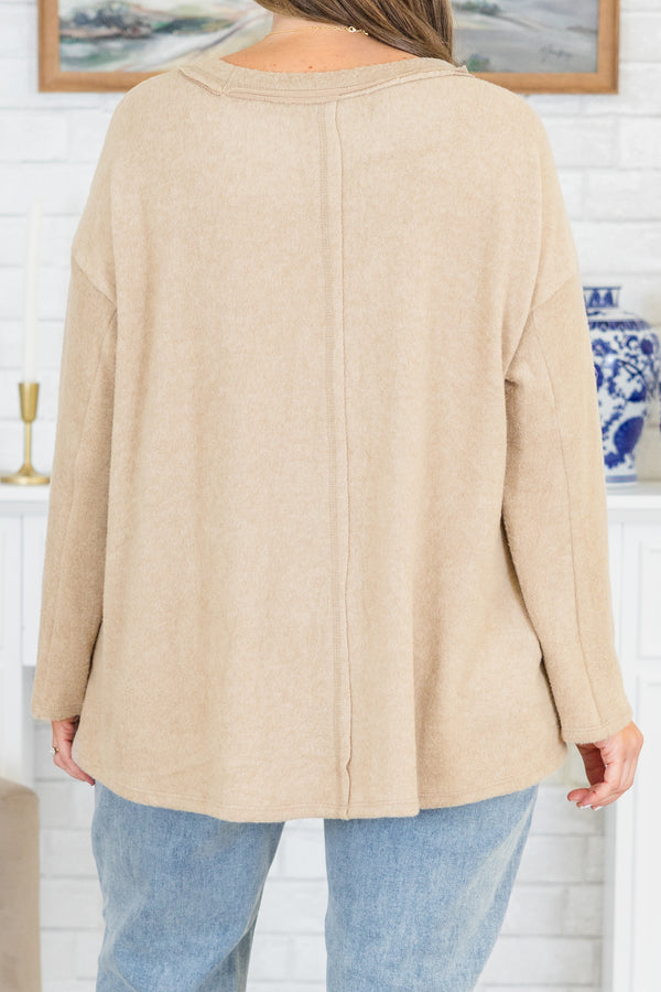 Chic Soul plus size clothing, ash mocha long sleeve top with round neckline and outer stitching detail along neckline, shoulder, and center