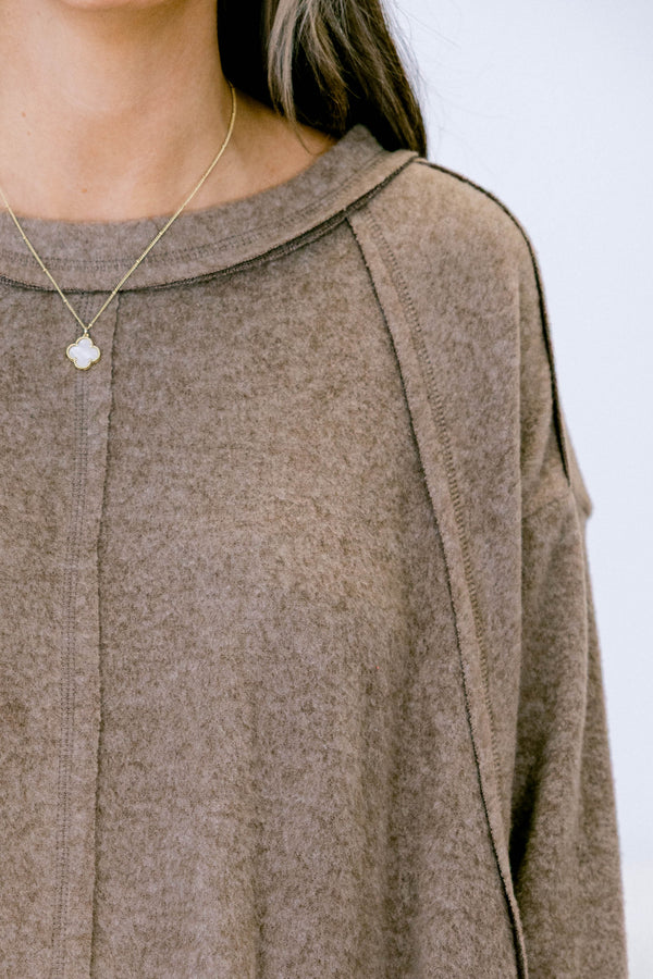 Chic Soul plus size clothing, mocha casual long sleeve top with stitching details on the shoulders 