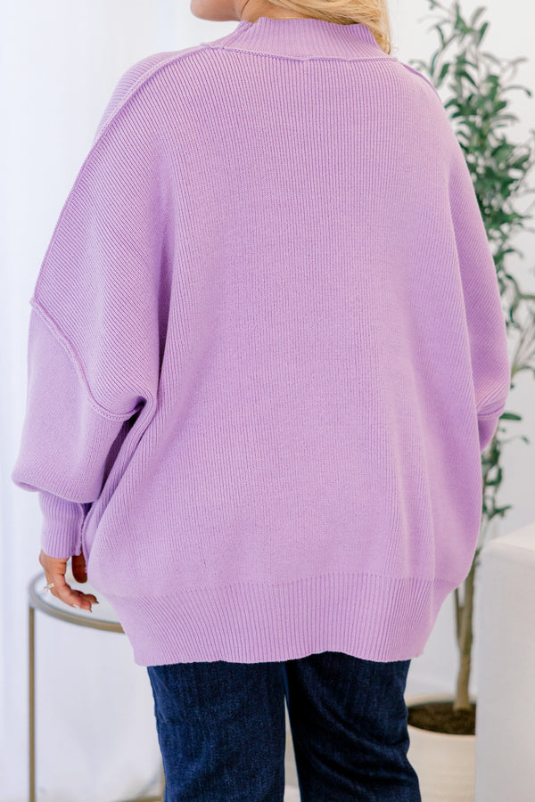 Chic Soul plus size clothing, lavender purple long sleeve pullover with mock neck and band around the wrists