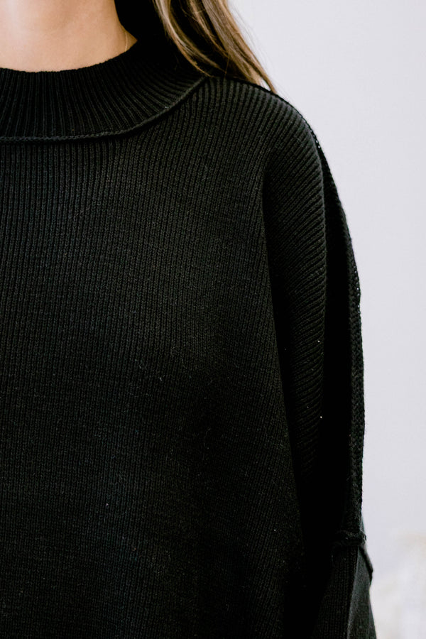 Chic Soul plus size clothing, black puff sleeve oversized fit mock neck sweater