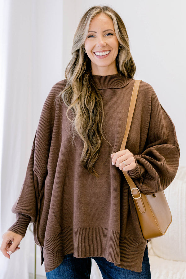 Chic Soul plus size clothing, dark brown mock neck long sleeve tunic sweater