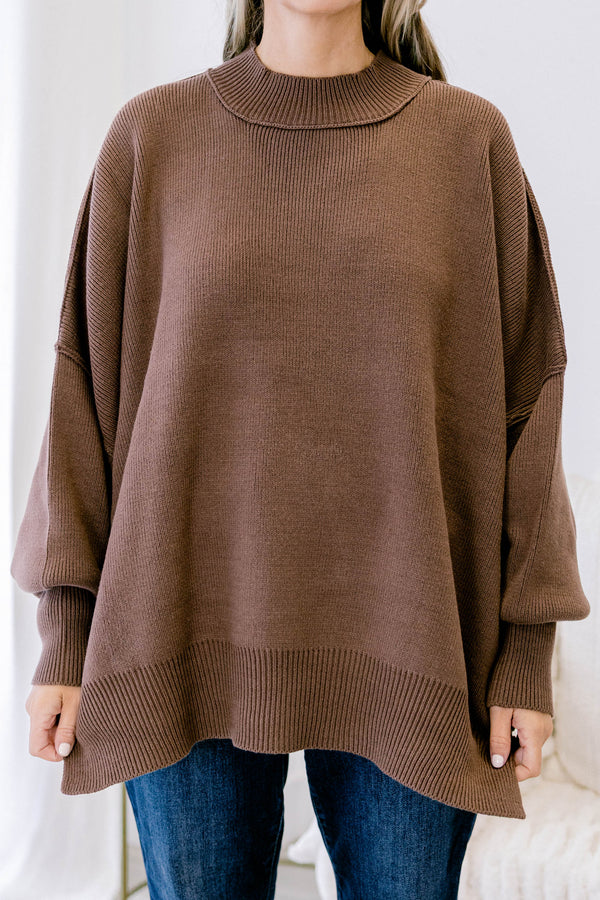 Chic Soul plus size clothing, dark brown mock neck long sleeve tunic sweater
