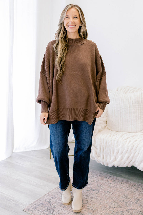 Chic Soul plus size clothing, dark brown mock neck long sleeve tunic sweater