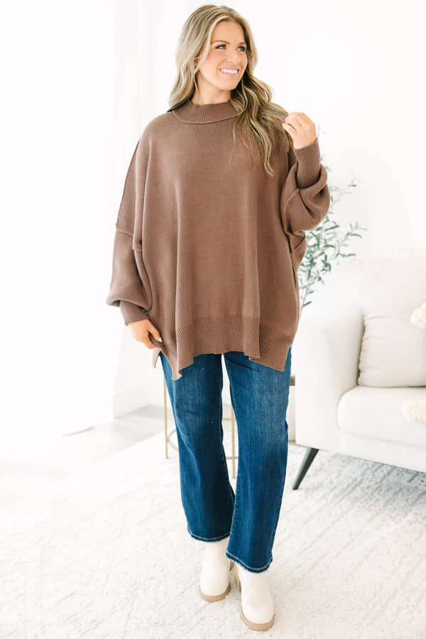 Chic Soul plus size clothing, dark brown mock neck long sleeve tunic sweater