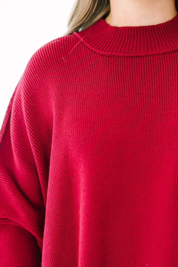 Chic Soul plus size clothing, dark red long sleeve relaxed fit mock neck sweater