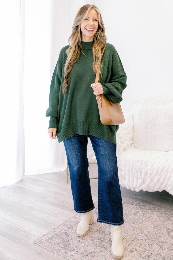 Chic Soul plus size clothing, dark green mock neck long sleeve tunic sweater