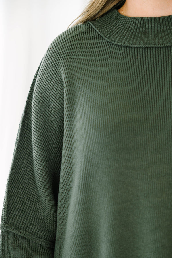 Chic Soul plus size clothing, dark olive green long sleeve relaxed fit mock neck sweater