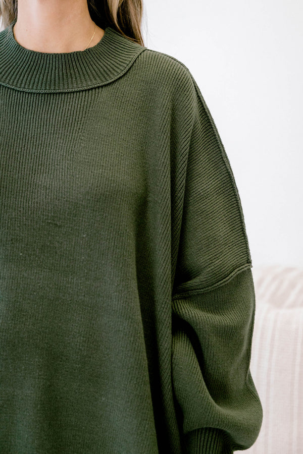Chic Soul plus size clothing, dark olive green long sleeve relaxed fit mock neck sweater