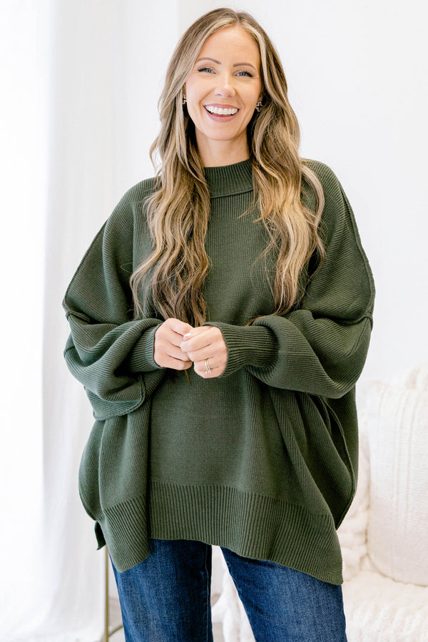 Chic Soul plus size clothing, dark olive green long sleeve relaxed fit mock neck sweater