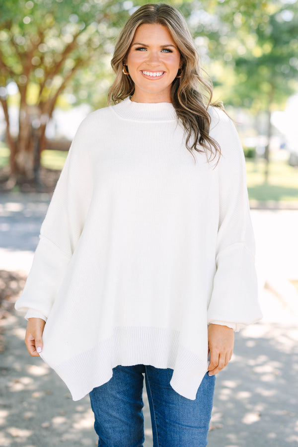 Chic Soul plus size clothing, ivory puff sleeve oversized fit mock neck sweater