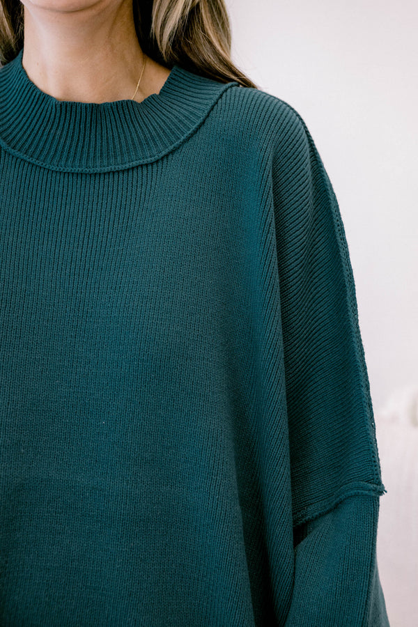 Chic Soul plus size clothing, dark teal puff sleeve oversized fit mock neck sweater