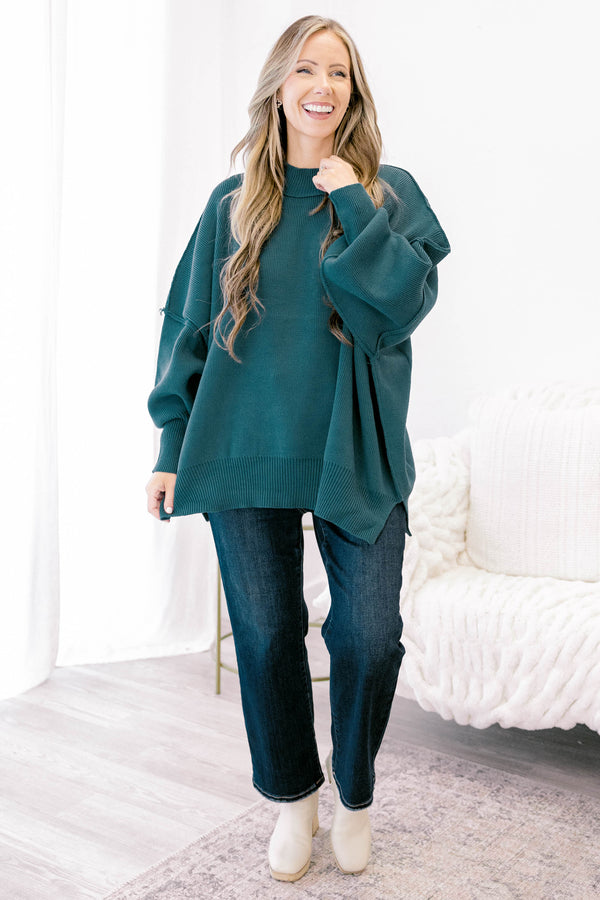 Chic Soul plus size clothing, dark teal puff sleeve oversized fit mock neck sweater