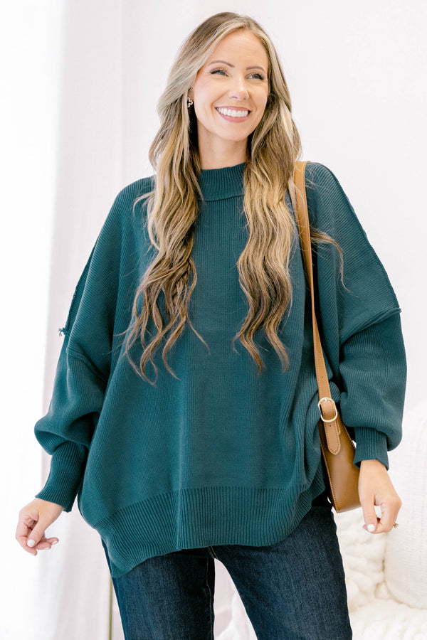 Chic Soul plus size clothing, dark teal puff sleeve oversized fit mock neck sweater